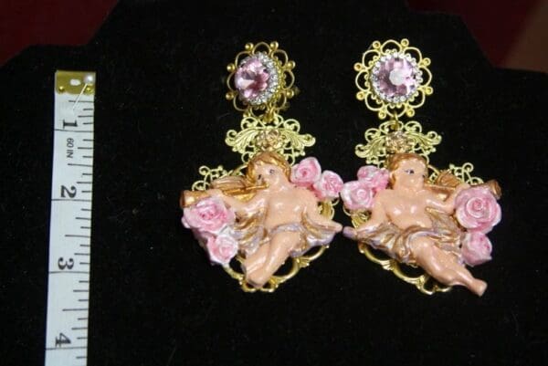 SOLD! 3605 Total Baroque Faced Hand Painted Red Rose Cherubs Angel Studs Earrings - Image 6