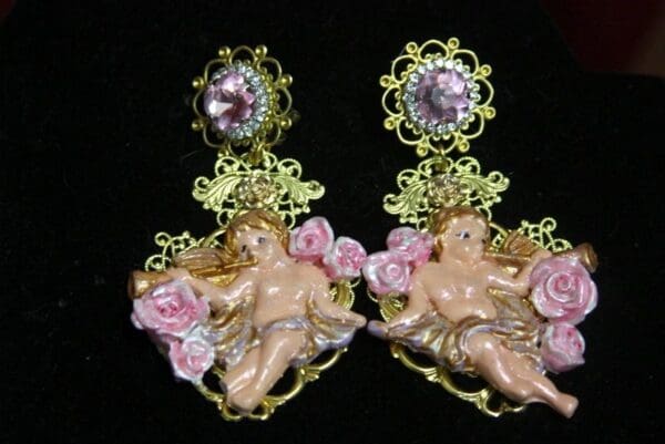 SOLD! 3605 Total Baroque Faced Hand Painted Red Rose Cherubs Angel Studs Earrings - Image 7