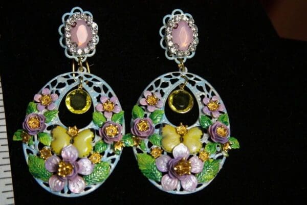 SOLD! 2962 Victorian Hand Painted Yellow Butterfly Earrings - Image 8