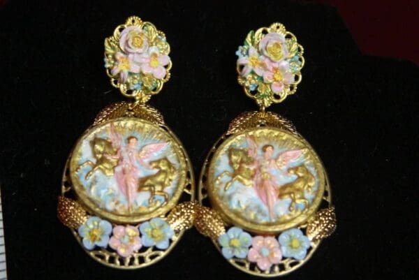 SOLD! 2964 Hand Painted Victoran Goddess Horses Flower Studs Earrings - Image 9
