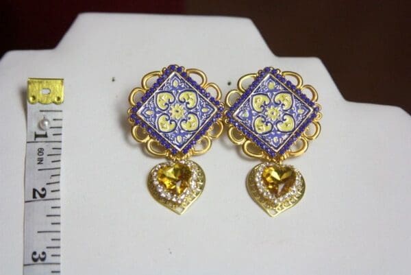 SOLD! 2970 Scilian Tile Yellow Heart Crystal Studs Earrings - Image 2