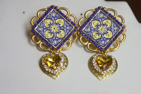 SOLD! 2970 Scilian Tile Yellow Heart Crystal Studs Earrings - Image 3