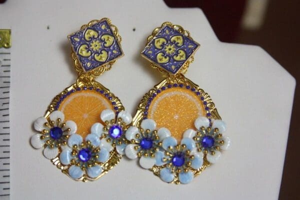 SOLD! 2971 Orange Fruit Baroque Hand Painted Flower Sicilian Tile Earrings - Image 3