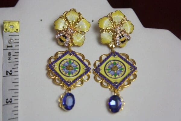 SOLD! 2974 Sicilian Tile Enamel Flower Bee Blue Crystal Studs Earrings - Image 2