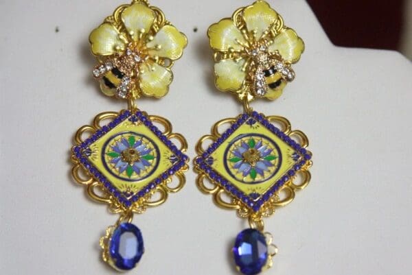 SOLD! 2974 Sicilian Tile Enamel Flower Bee Blue Crystal Studs Earrings - Image 3