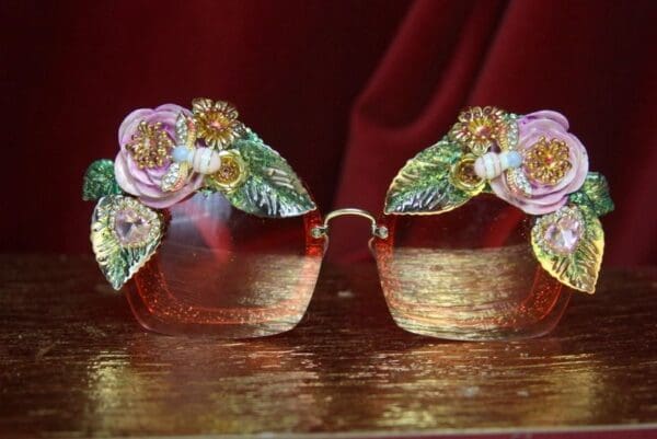 SOLD! 2977 Hot Pink Hand Painted Roses Leaf Bee Baroque Sunglasses - Image 2