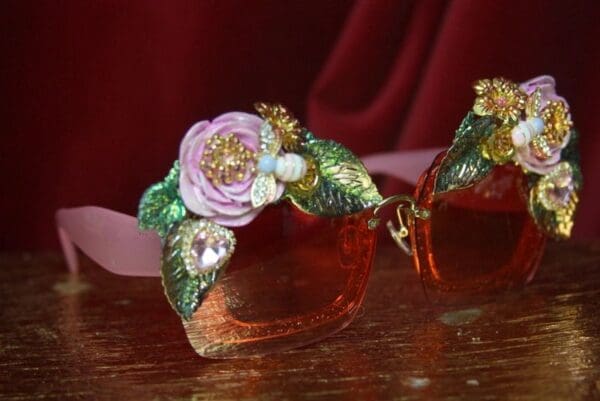 SOLD! 2977 Hot Pink Hand Painted Roses Leaf Bee Baroque Sunglasses - Image 7