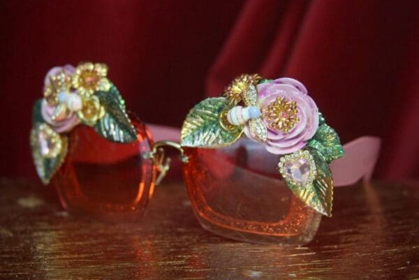 SOLD! 2977 Hot Pink Hand Painted Roses Leaf Bee Baroque Sunglasses - Image 8