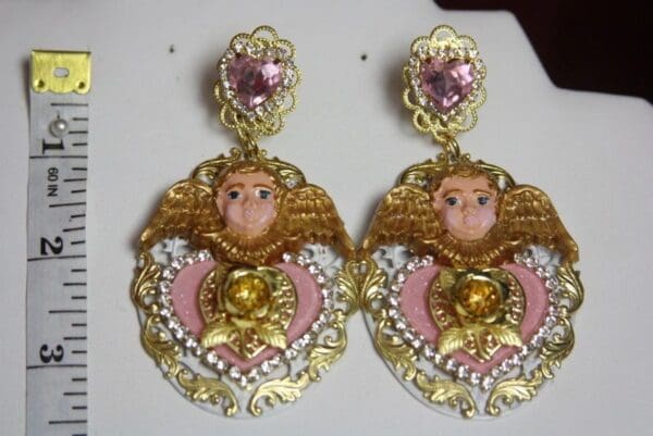 SOLD! 2982 Baroque Hand Painted Cherub Angel Pink Crystal Heart Earrings Studs - Image 3