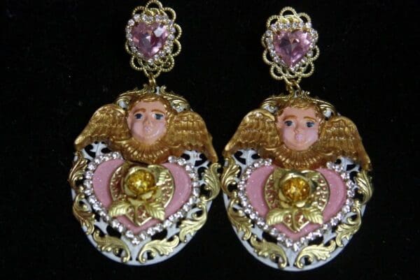 SOLD! 2982 Baroque Hand Painted Cherub Angel Pink Crystal Heart Earrings Studs - Image 4