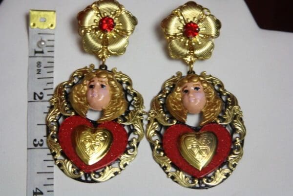 SOLD! 2983 Total Baroque Massive Hand Painted Heart Red Crystal Studs Earrings - Image 2