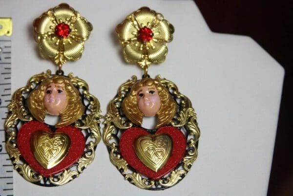 SOLD! 2983 Total Baroque Massive Hand Painted Heart Red Crystal Studs Earrings - Image 3