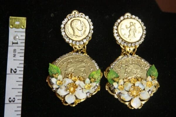 SOLD! 2991 Roman Coin Flower Leaf Earrings Studs - Image 7