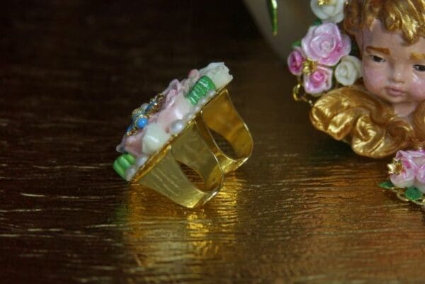 SOLD! 2993 Massive Duel Finger Ring Art Nouveau Hand Painted Flower Pearl Cocktail Ring - Image 7