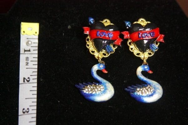 SOLD! 3000 Hand Painted Love Heart Swan Earrings - Image 2
