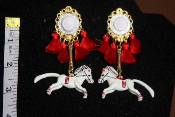 SOLD! 3001 Victorian Horse Red Tassel Horse Earrinhs - Image 2