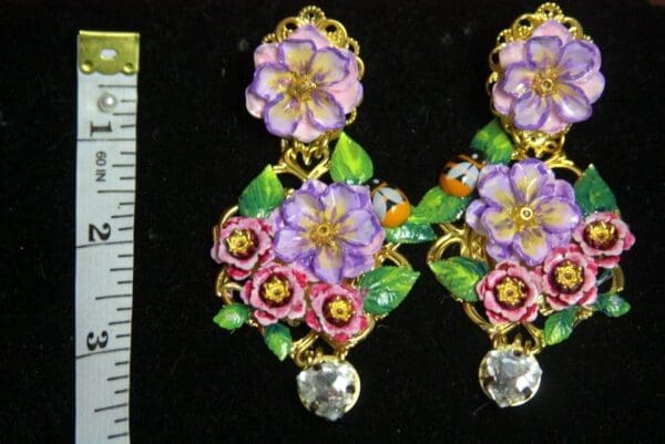 SOLD! 3005 Hand Painted Vivid Flower Art Nouveau Earrings Studs - Image 3