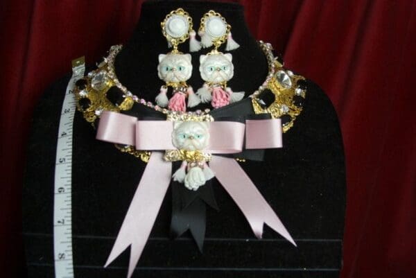 SOLD! 3014 Baroque Enamel Cat Bows Gold Filigree Crystals Necklace Set - Image 7