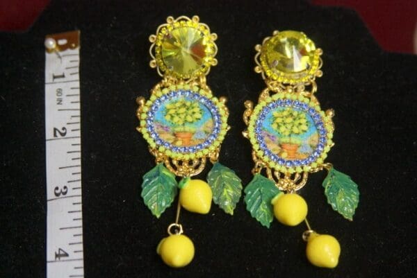 SOLD! 3050 Lemon Vase Siciliam Print Tile Leaf Crystal Studs Earrings - Image 6
