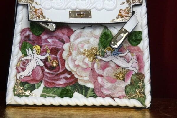 SOLD! 3058 Genuine Leather Baroque Hand Painted Tapestry Cherubs Applique Handbag - Image 2