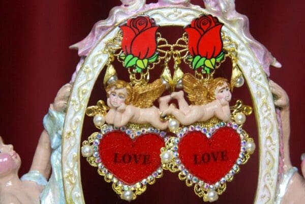 SOLD! 3063 Massive Baroque Red Heart Rose Hand Painted Earrings - Image 2