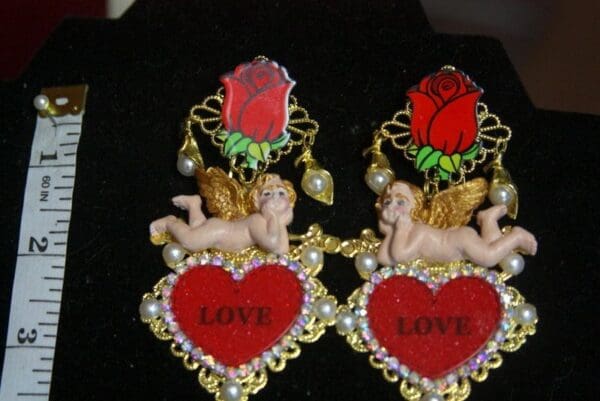 SOLD! 3063 Massive Baroque Red Heart Rose Hand Painted Earrings - Image 3