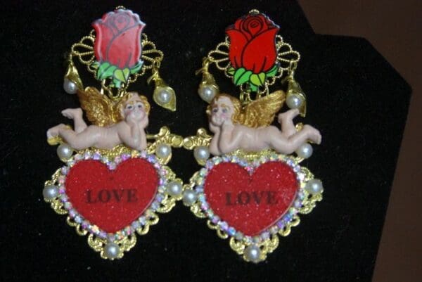 SOLD! 3063 Massive Baroque Red Heart Rose Hand Painted Earrings - Image 4