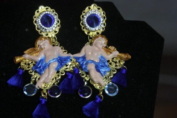 SOLD! 3065 Massive Baroque Blue Tassel Hand Painted Earrings - Image 4