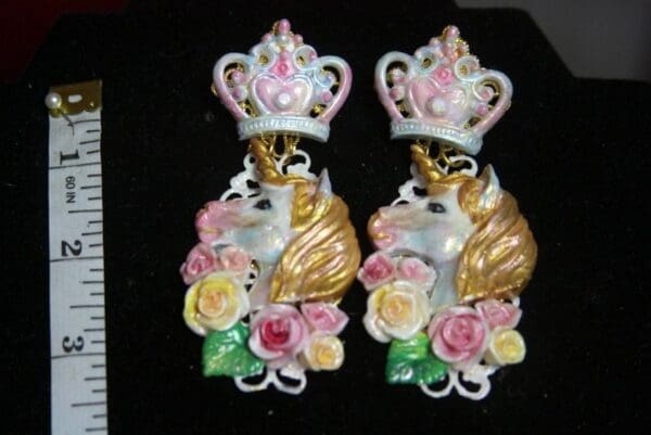 SOLD 3073 Unusual Fairy Unicorns Roses Crystal Earrings - Image 3