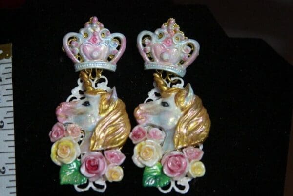 SOLD 3073 Unusual Fairy Unicorns Roses Crystal Earrings - Image 4