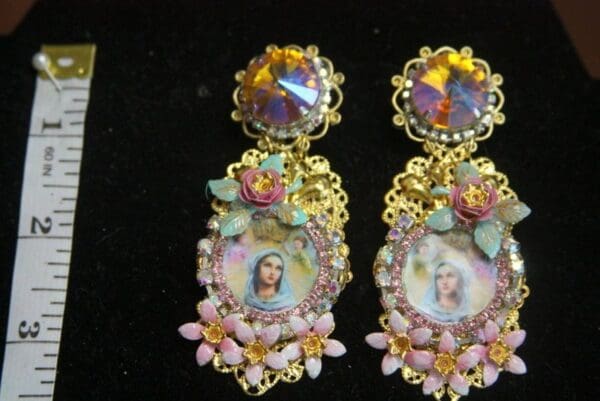 SOLD! 3083 Virgin Mary Hand Painted Flowers Crystal Cameo Earrings - Image 2