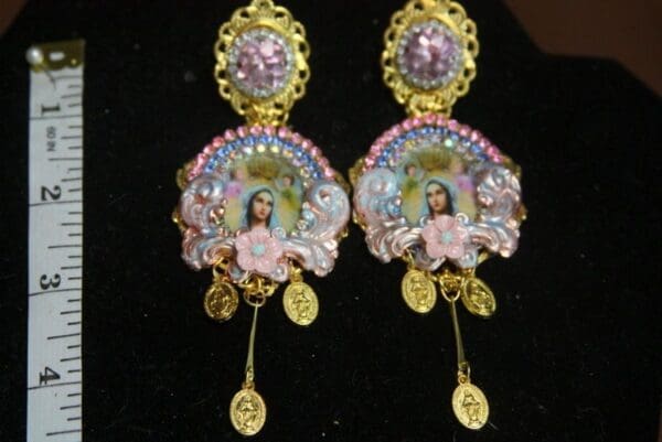 SOLD! 3084 Virgin Mary Madonna Pink Crystal Coin Earrings Studs - Image 2