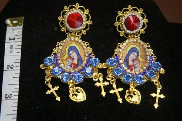 SOLD! 3085 Virgin Mary Blue Crystal Red Cross Studs Earrings - Image 2