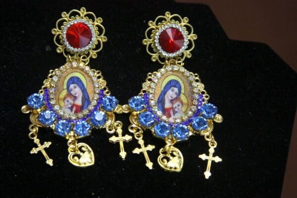 SOLD! 3085 Virgin Mary Blue Crystal Red Cross Studs Earrings - Image 5