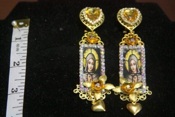 SOLD! 3091 Virgin MAry Heart Tall Crystal Earrings studs - Image 2