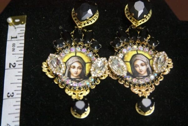 SOLD! 3093 Virgin Mary Black Crystal Stunning Sparkly Studs Earrings - Image 2