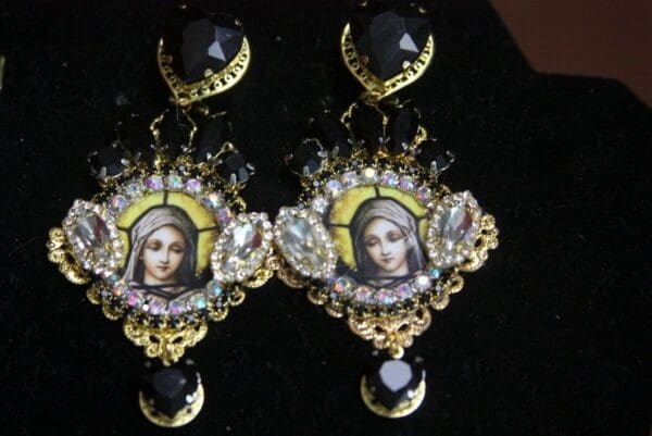 SOLD! 3093 Virgin Mary Black Crystal Stunning Sparkly Studs Earrings - Image 3