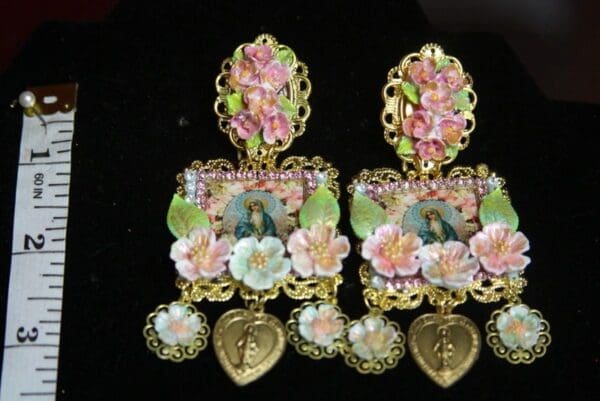 SOLD! 3100 Virgin Mary Hand Painted Flower Cameo Heart Studs Earrings - Image 3