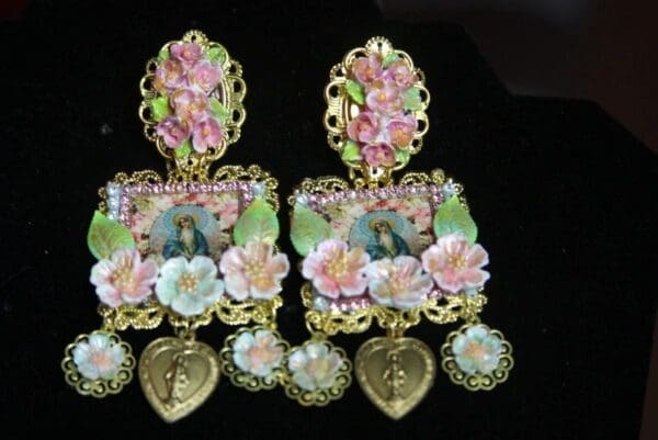 SOLD! 3100 Virgin Mary Hand Painted Flower Cameo Heart Studs Earrings - Image 4