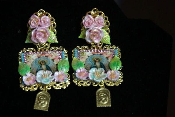 SOLD! 3101 Virgin Mary Hand Painted Flower Cameo Heart Studs Earrings - Image 5