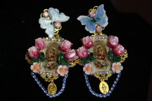 SOLD! 3102 Tulips Virgin Mary Hand Painted Flower Cameo Heart Studs Earrings - Image 3