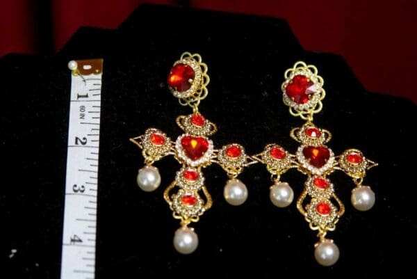 SOLD! 3122 Baroque Red Crystal Heart Pearl Cross Studs Earrings - Image 2