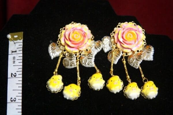 SOLD! 3123 Spring 2018 Designer Inspired Yellow Chick Hand Painted Rose Earrings Studs - Image 2
