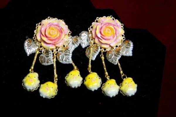 SOLD! 3123 Spring 2018 Designer Inspired Yellow Chick Hand Painted Rose Earrings Studs - Image 3