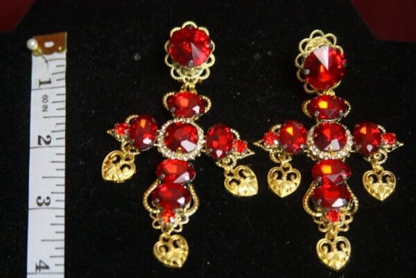SOLD! 3125 Baroque Red Crystals Gold HeartCharms Earrings Studs - Image 2