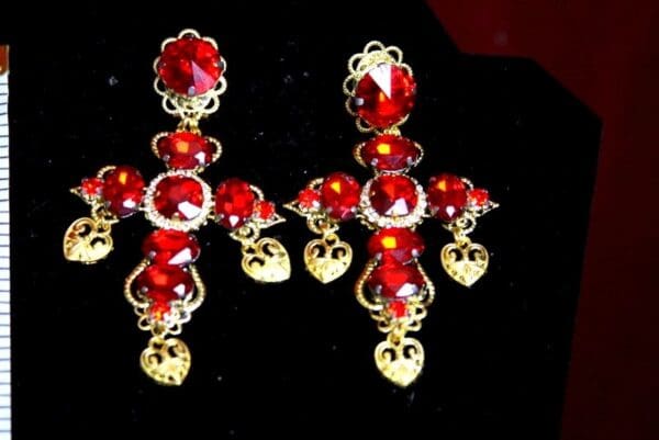 SOLD! 3125 Baroque Red Crystals Gold HeartCharms Earrings Studs - Image 3