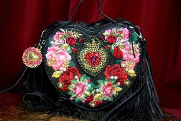 SOLD! 3132 Black Baroque Heart Shape Applique White Fringe Handbag Crossbody