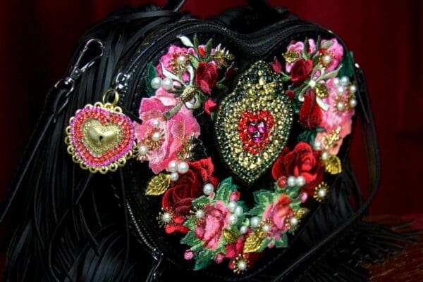 SOLD! 3132 Black Baroque Heart Shape Applique White Fringe Handbag Crossbody - Image 5