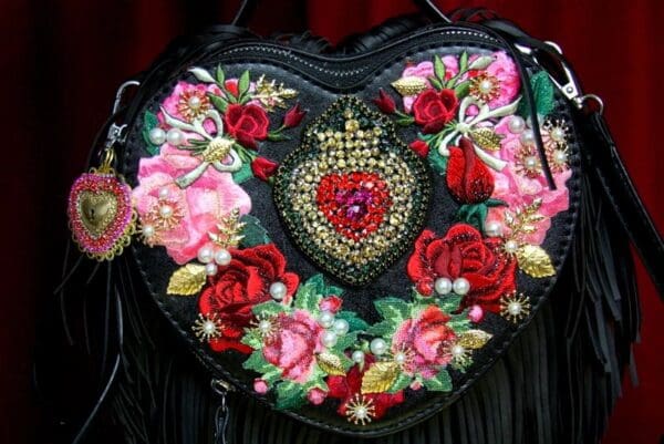 SOLD! 3132 Black Baroque Heart Shape Applique White Fringe Handbag Crossbody - Image 6