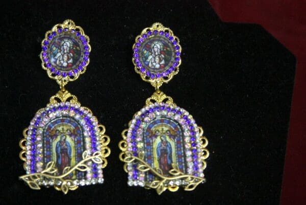 SOLD! 3135 Virgin Mary Church Stained Glass Earrings Studs - Image 7